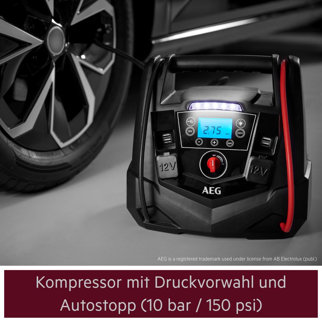 AEG Tragbare 12V Energiestation Auto Starthilfe, Powerstation mit Luftkompressor, 220V Spannungswandler, Steckdose,mit 4 USB, Kompatibel mit PKW, Schwarz/Rot