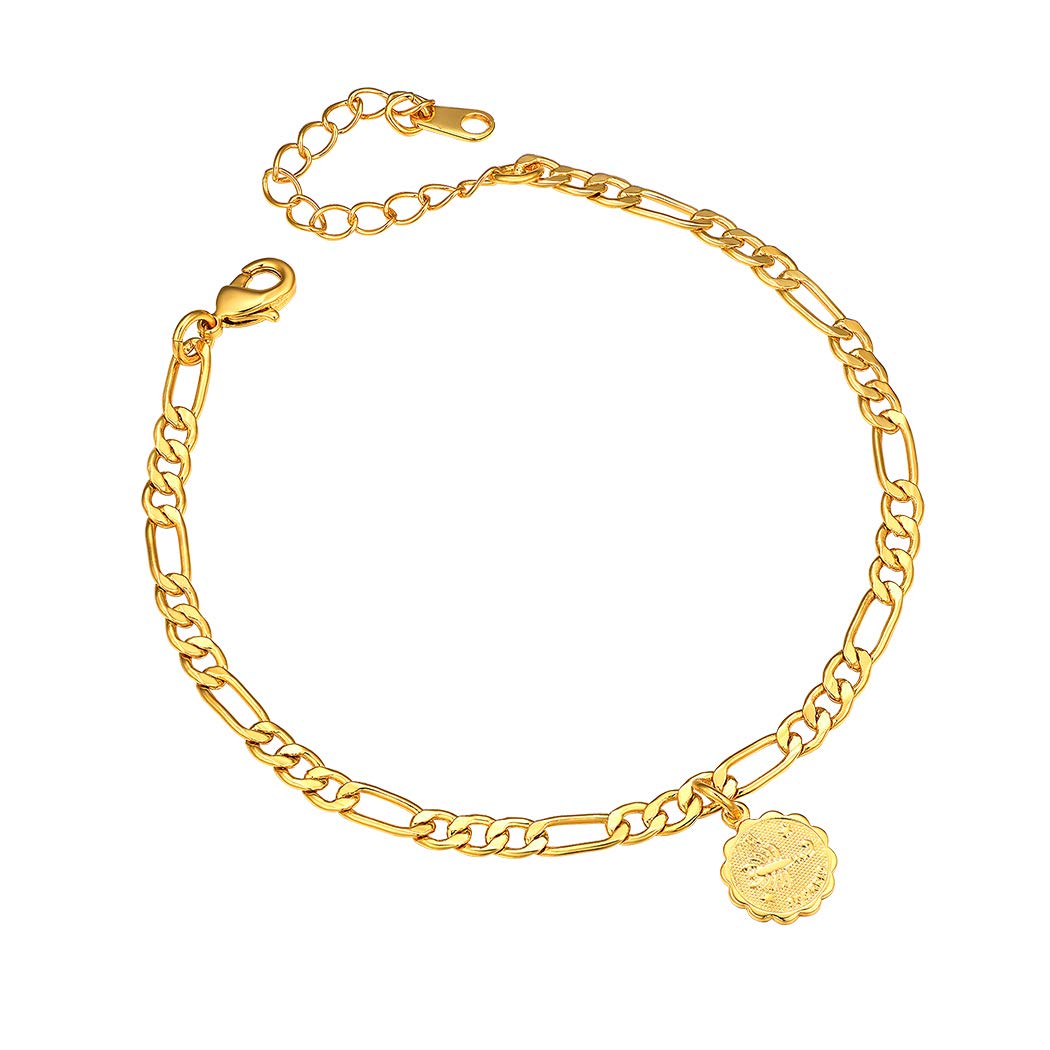 4.5mm Constellation Zodiac Chain Anklet 22cm-Length Adjustable, 18K Gold Plated Beach Jewelry Horoscope Star Sign Figaro Ankel Bracelet Foot Chain for Women Teen Girls