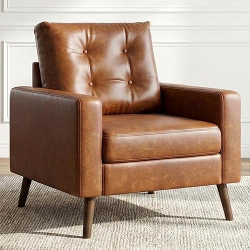 Wahson Office Chairs PU Accent Arm Chair with Tufted Back, Faux Leather Comfy Upholstered Single Sofa, Mid Century Modern Side Club Chair with Wood Legs for Reading/Living Room/Bedroom, Caramel