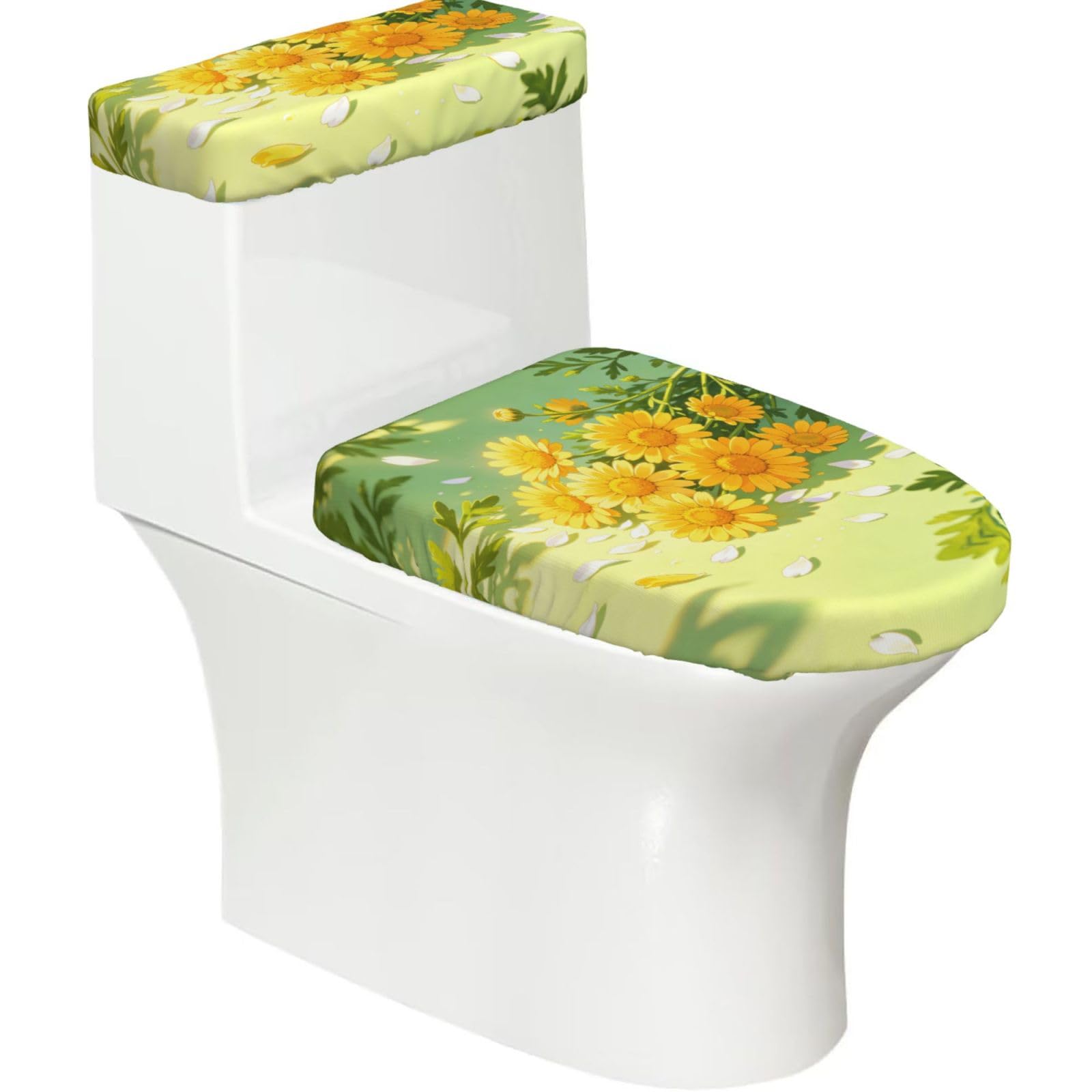 Yellow Daisy Pattern Elastic Toilet Cover Set of 2-Stretchy Lid and Tank Covers for Bathroom, Soft Washable U Shape Toilet Decor