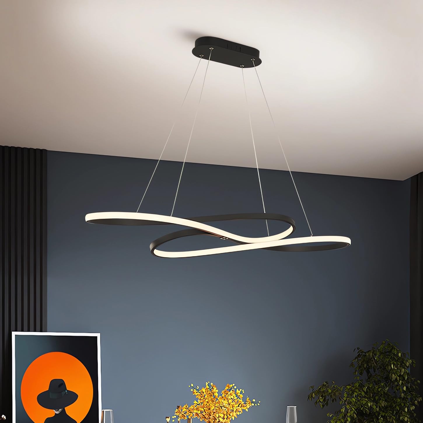 Nowoczesne oświetlenie wiszące Ściemnialna lampa wisząca LED na wyspę kuchenną z pilotem zdalnego sterowania Liniowe oświetlenie wiszące stołu jadalnego z regulacją wysokości (czarna emalia wypalana)