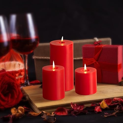 Miniatura 5 de KONNI Juego de 3 velas de pilar rojo sin perfume de 3 x 4 pulgadas, velas de 39 horas de combustión, velas redondas grandes sin humo y sin goteo