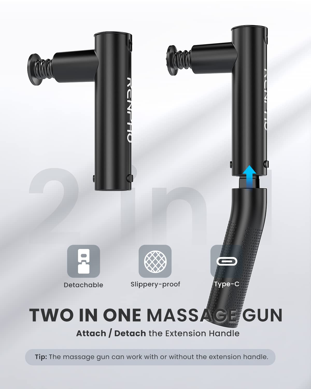 Pistolet de Massage Musculaire, RENPHO Étendre le pistolet de massage, 2 en 1 Masseur de Tissus Profonds à main, Charge de Type-C Appareil de Massage Pour Muscles, Dos, Pieds, Cou, épaule(Noir)