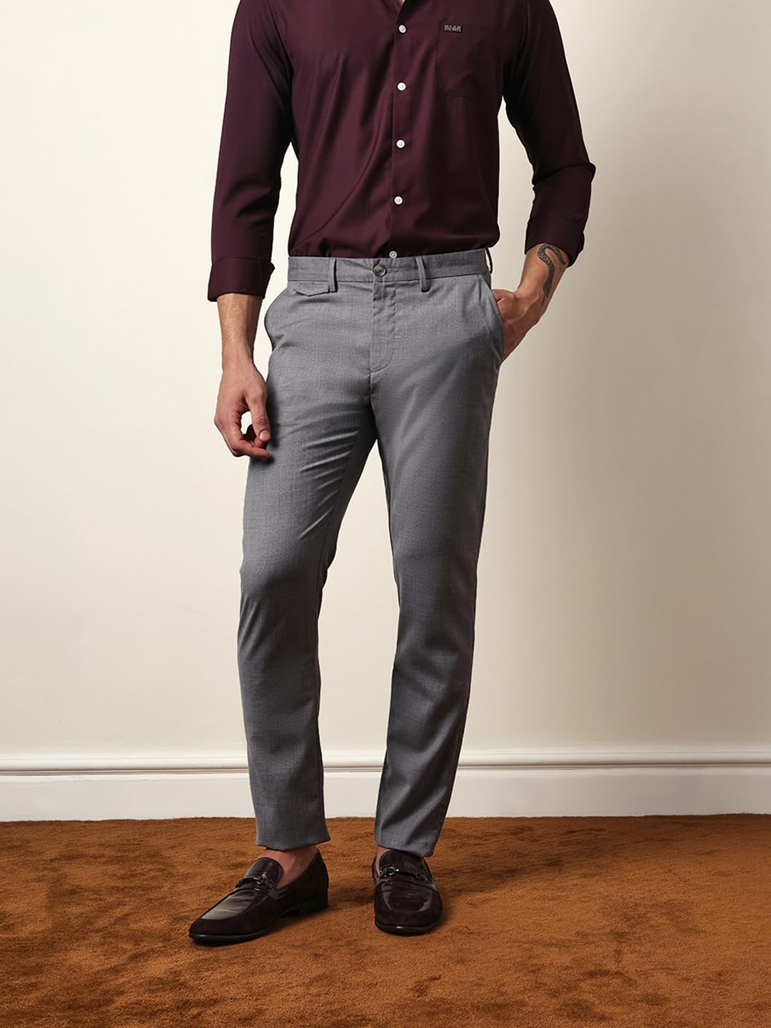THE BEAR HOUSE Men Solid Slim Fit Formal Trouser Grey 1