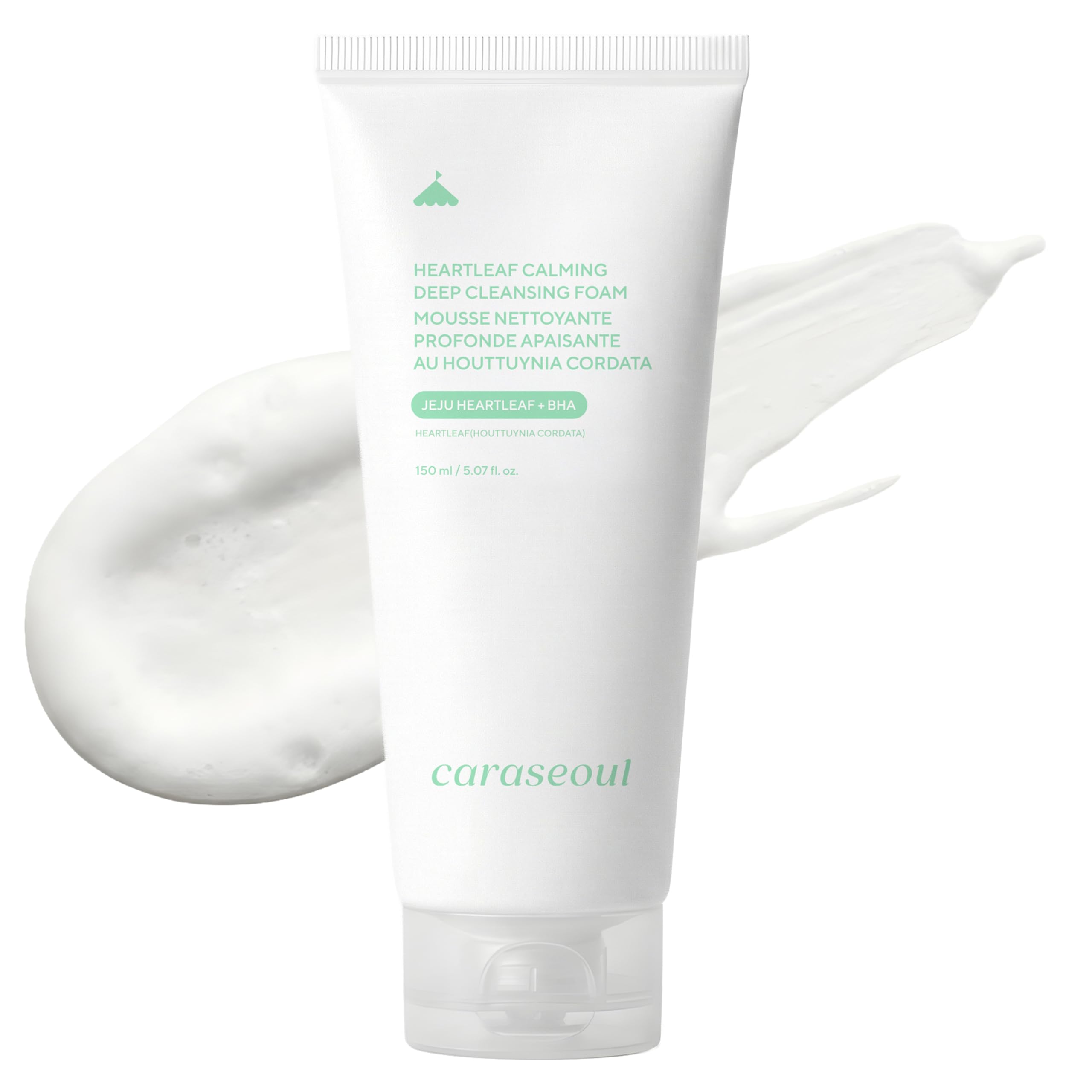 caraseoul Heartleaf Mousse Nettoyante Apaisante Profonde, Nettoyant Visage pour Double Nettoyage, Acide Hyaluronique & BHA, Doux pour Peau Sensible, Soin Coréen (150ml/5.07 fl. oz)