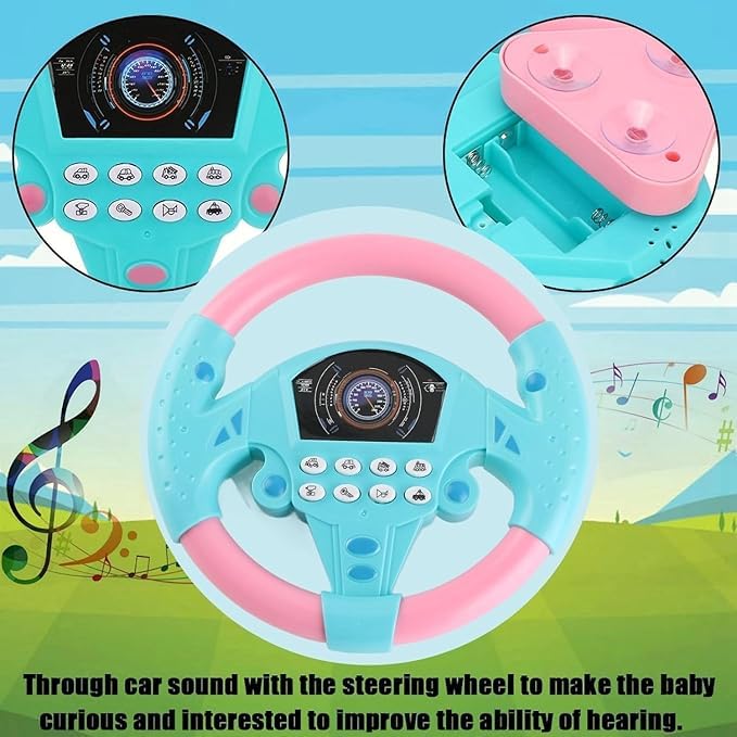 Image of Kids Driving Steering Wheel Funny Interactive Driving Wheel with Music (Pink Blue)