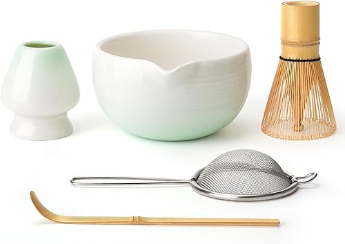 Juego de batidor de matcha, kit de matcha degradado, cuenco de cerámica con boquilla (18 onzas), batidor de bambú, tamiz inoxidable, soporte para