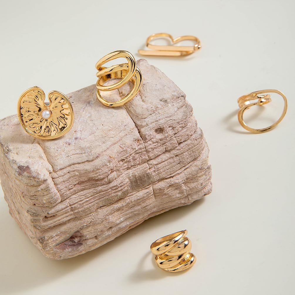 5Pcs Chunky Gold Rings Stackable for Women Trendy, Dainty Stacking Disc Circle Open Knuckle Ring Set Unique Thick Line Irregular Geometric Jewelry Gift - Image 6