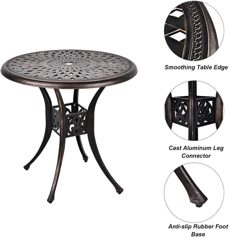 USSerenaY 31" Cast Aluminum Patio Bistro Round Dining Table with Umbrella Hole Conversation Outdoor Table for Garden Pool Side Deck : Patio, Lawn & Garden