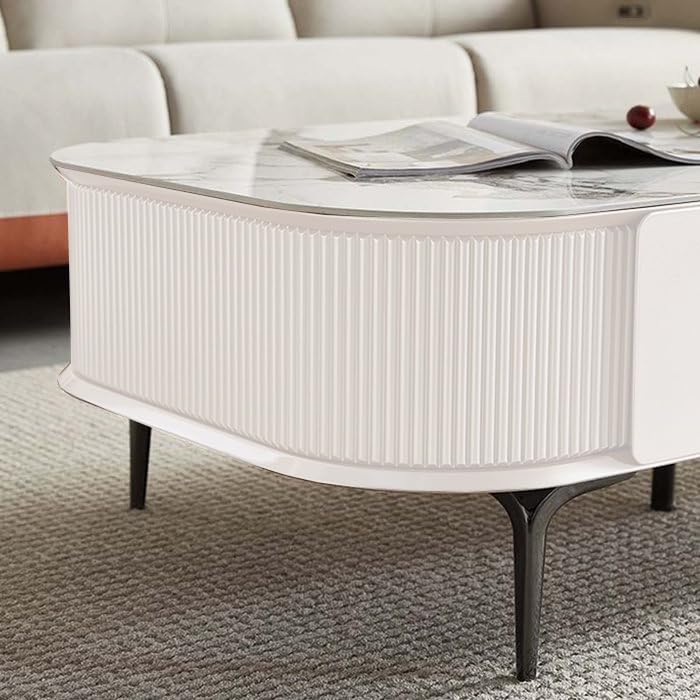 Image of WOODEN SPACE Premium Solo Marble-Top Wooden Center Table for Living Room | Iron Legs | PVD Coating | Modern Entryway Furniture | Coffee Table - 42X24X18 in (White)