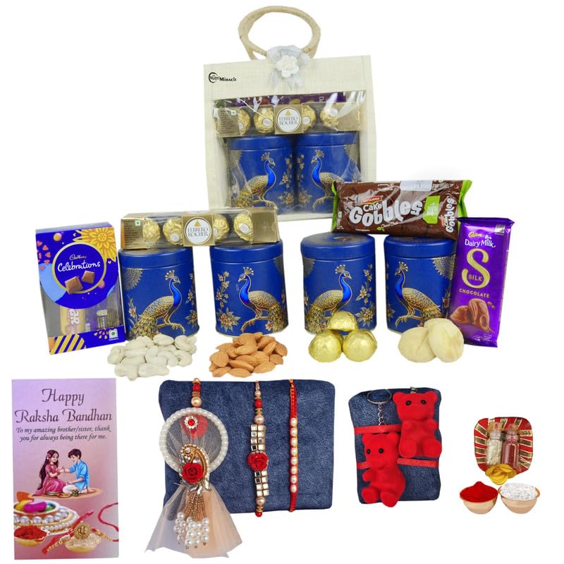 Image of NUTRI MIRACLE Rakhi Festival Gift for Brother with Assorted Chocolates, Cashews, Almonds, Tilak Set and Greeting Card | Tin Printed Jar Dry Fruits Gift Hamper for Raksha Bandhan
