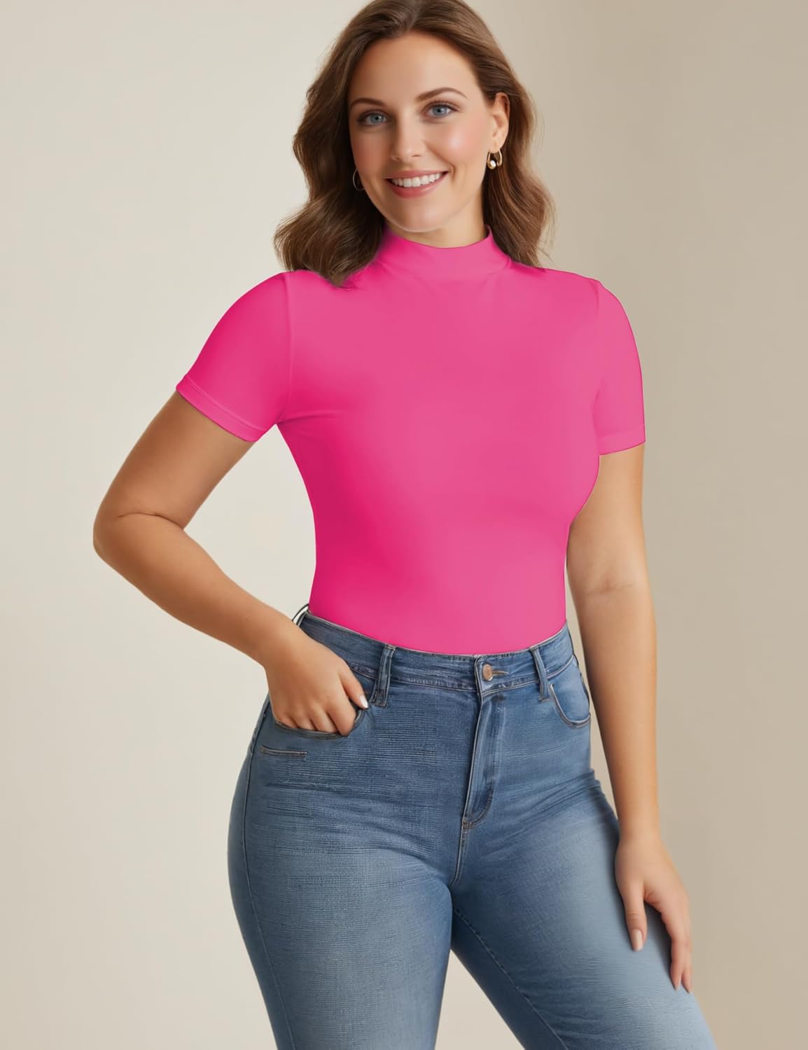 Mock Turtleneck Short Sleeve Tops for Women, Mock Neck Fitted T-Shirt Flowey Print Baselayer Office Tee - Image 3