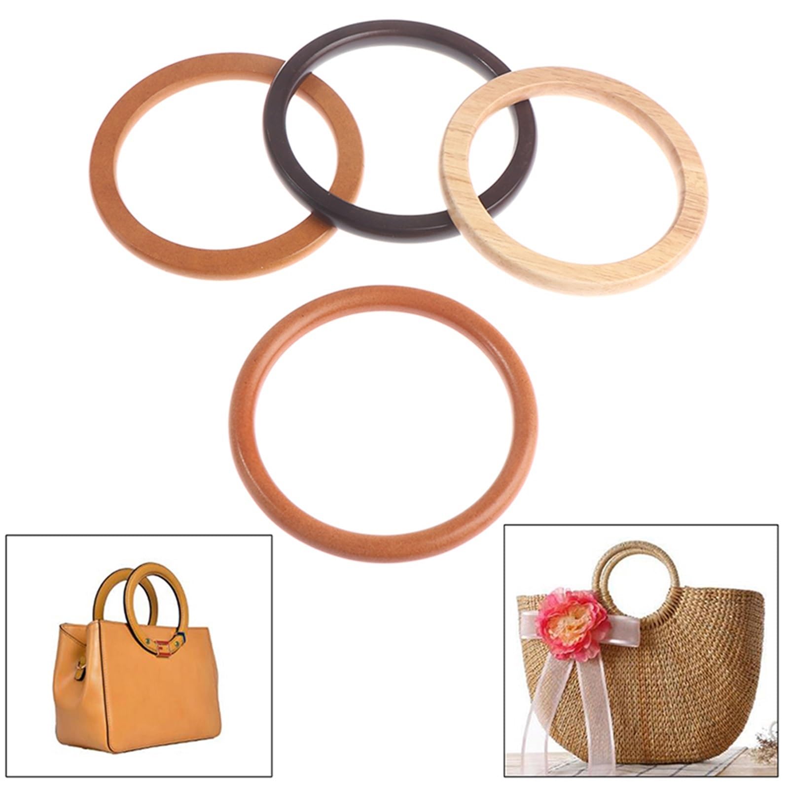 4 asas for bolsa de anillo Para Bolsos | Bolso de mano de repuesto de madera, asas, bolsos, correas, bolso de madera redondo(Black)