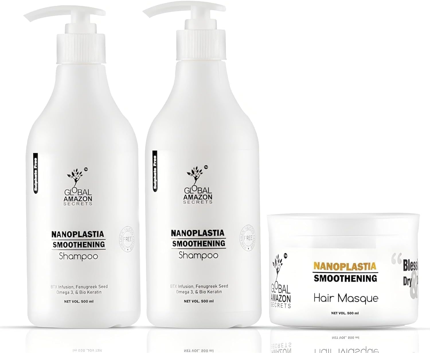 Global Amazon Secrets Nanoplastia Hair Care Set, Smoothening Shampoo 500ml 2-Pack and Hair Masque 500ml, with BTX Infusion and Keratin-image-36