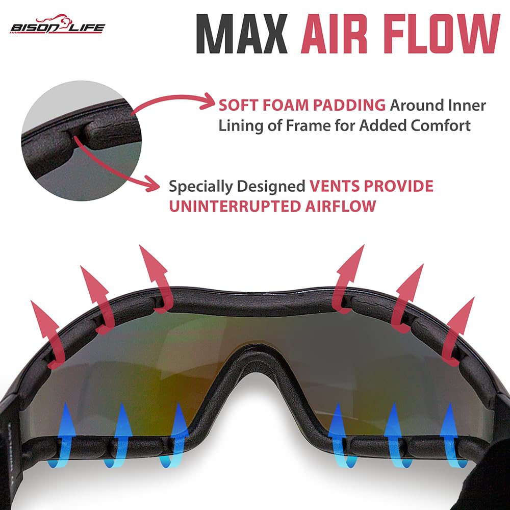 BISON LIFE Mirage - Gafas de seguridad antivaho con banda elástica ajustable y bolsa protectora, gafas de protección UV para actividades al aire libre, espejo azul, gafas ventiladas a prueba de polvo