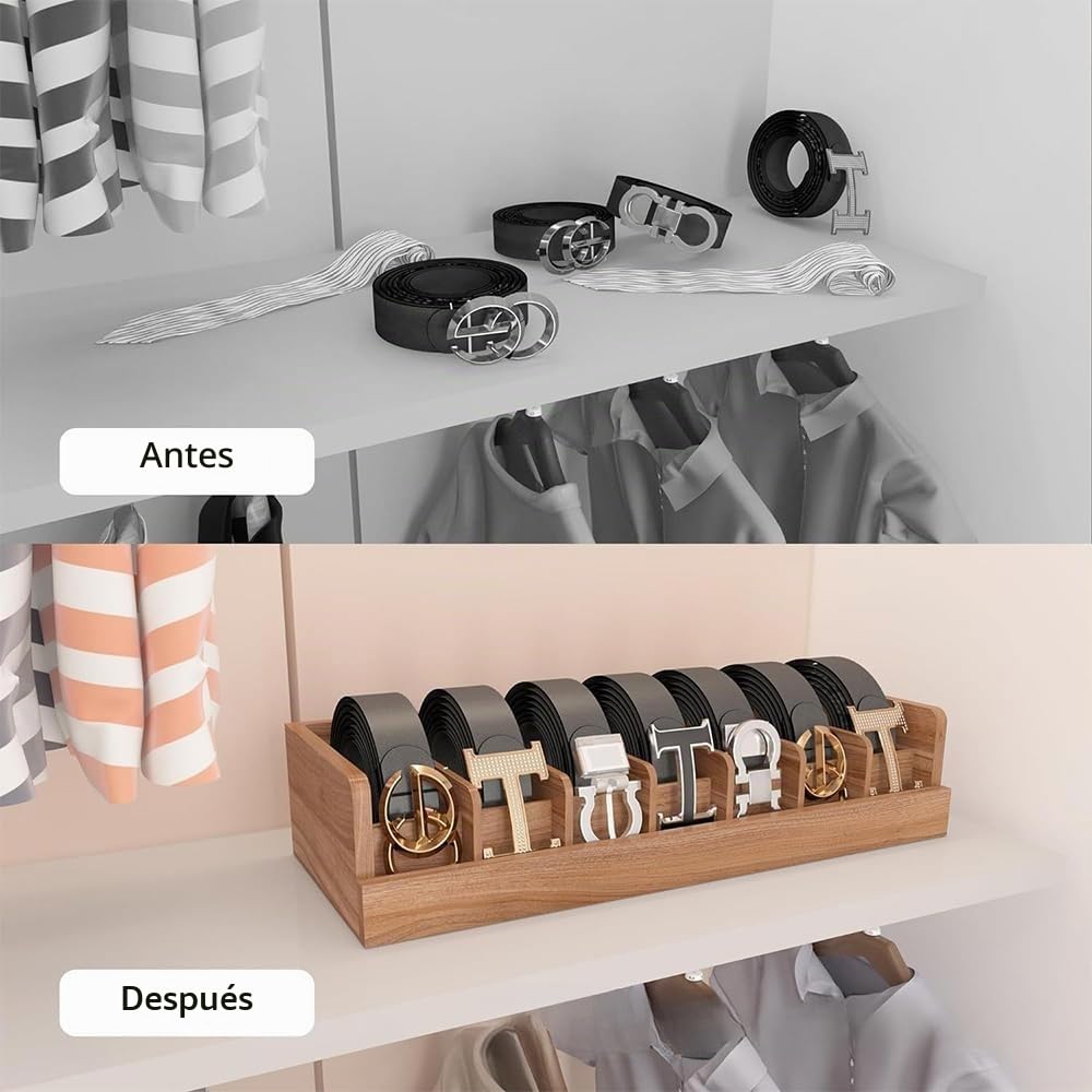 Organizador de Cinturón de Madera, 7 Compartimentos, Soporte de Cinturón de Bambú para Armario y Cajón, Estante de Exhibición para Hombres y Mujeres, Marrón