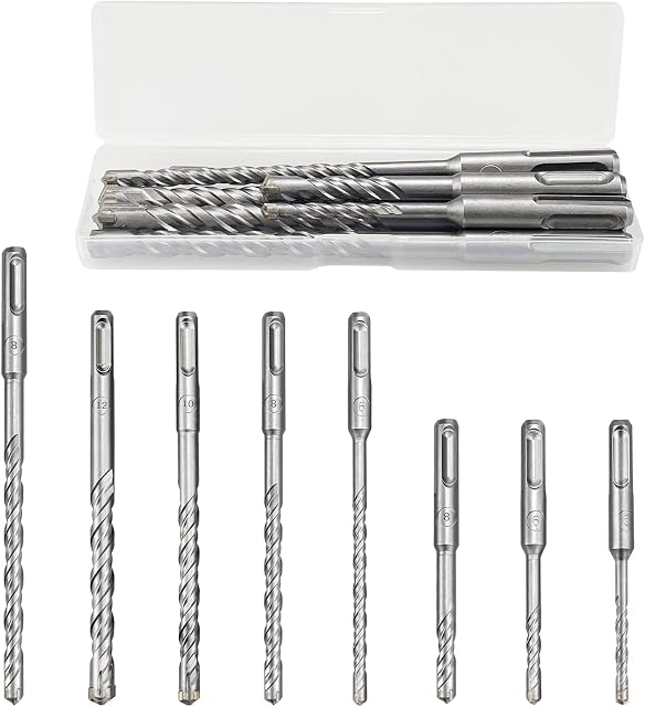 8pcs SDS Plus Electric Hammer Impact Drill Bit Standard Cross Drill Bit Drill Holes Performance Set, for Concrete Masonry Ceramic Tile Stone Metal Wood Plastic (5mm-12mm, Silver)