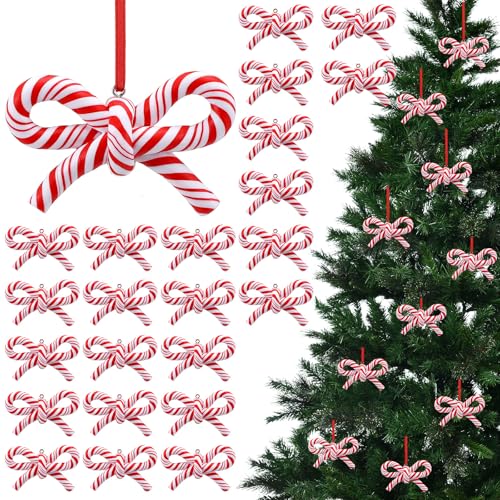 Hungdao 24 Pcs Bow Candy Cane Christmas Tree Ornaments Decorations, Red and White Stripe Candy Cane Christmas Hanging Ornament Polymer Clay Pendants for Xmas Tree Holiday Party Decoration Home
