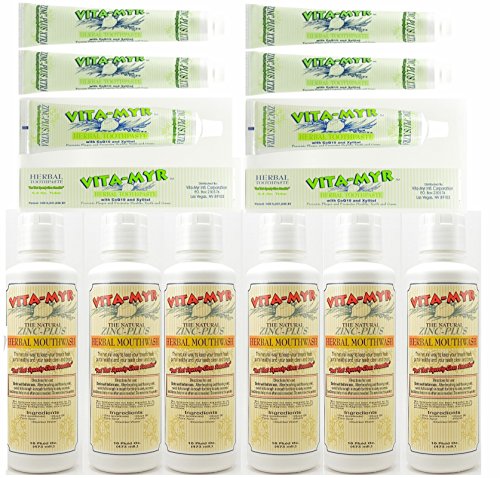 6 Bottles 16 Oz Vitamyr Mouthwash & 6 Tubes 5.4 Oz Vitamyr Zinc-Plus Xtra Herbal Natural Toothpaste w/ CoQ10 & Xylitol