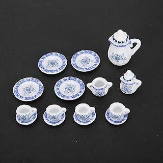 Tea Dollhouse Miniature, Dollhouse Porcelain Flower Tea Cup Set 15pcs for Decor(Blue and White Porcelain, 12)