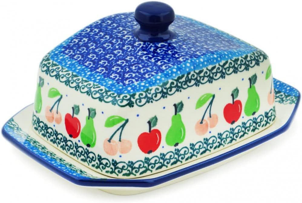 Polmedia Polish Pottery Butter Dish - Tooty Fruity Pattern Handmade in Boleslawiec Poland by Ceramika Artystyczna + Certificate of Authenticity