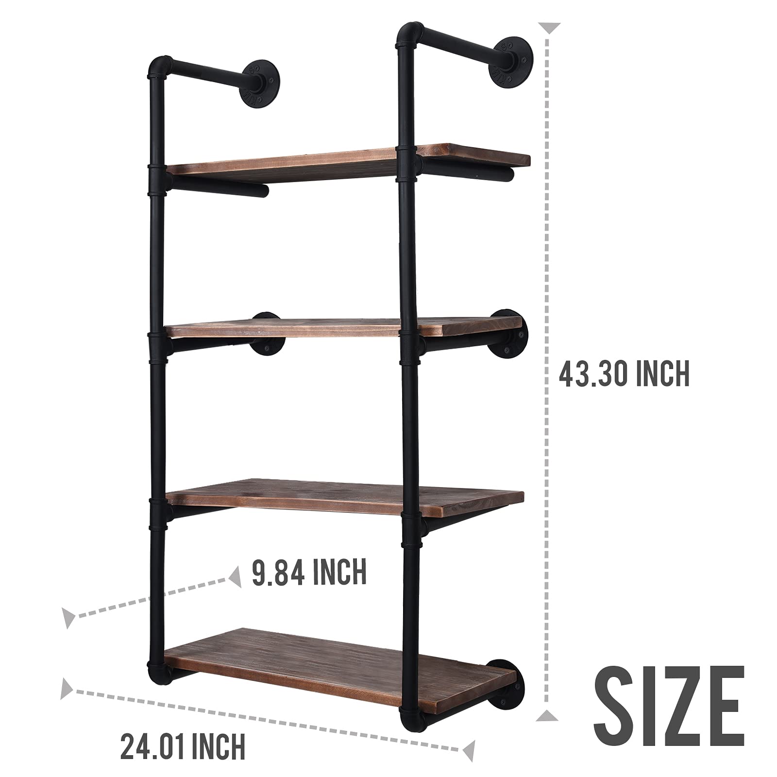Industrielles Retro-Rohrregal, Wandmontage, rustikal, schwebende Regale, Bauernhaus, Küche, Bar, Regal, Heimdekoration, Bücherregal, zum Aufhängen, Wandregale, schwarz, 61 cm, 4 Etagen