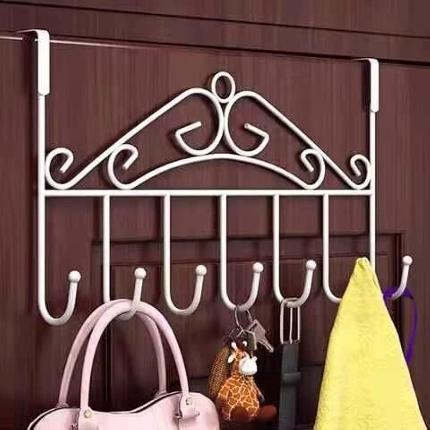 LENDIS Coat Rack, Over Door 7 Hook Rack - Decorative Organizer Hooks for Clothes, Coats, Hats, Belts, Towels - Door Hanger for Home or Office (White)