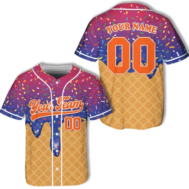 Personalizada camiseta de béisbol con helado en espiral para hombres, uniforme deportivo personalizado con botones estilo waffle cone