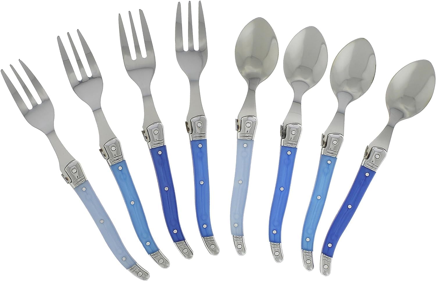 French Home Laguiole Cocktail or Dessert Spoons and Forks, Set of 8, Shades of Blue