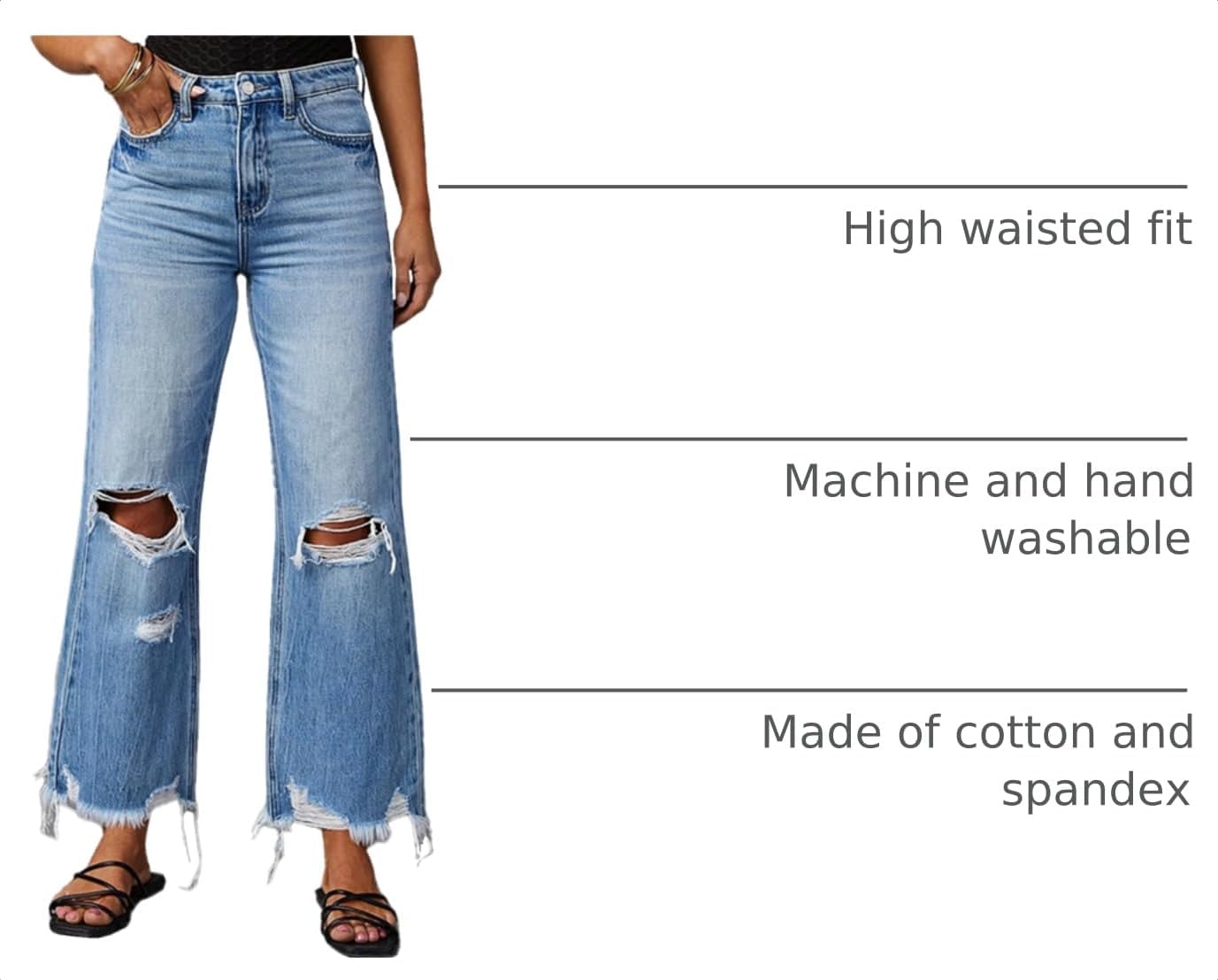 cffvdiz Women's Ripped Bell Bottom Jeans High-Rise Distressed Raw Edge Hem Boyfriend Wide Leg Denim Pants image 4
