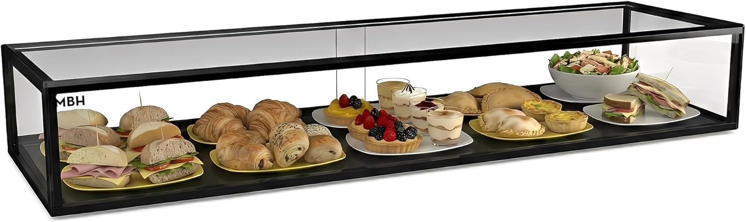 MBH - Vitrina Expositora Neutra de Sobremostrador 120x33 cm, Cristal Recto Templado, 1 Piso, sin Iluminación LED, Puertas Traseras Correderas, para Bar, Cafetería, Restaurante, Bollería y Repostería.
