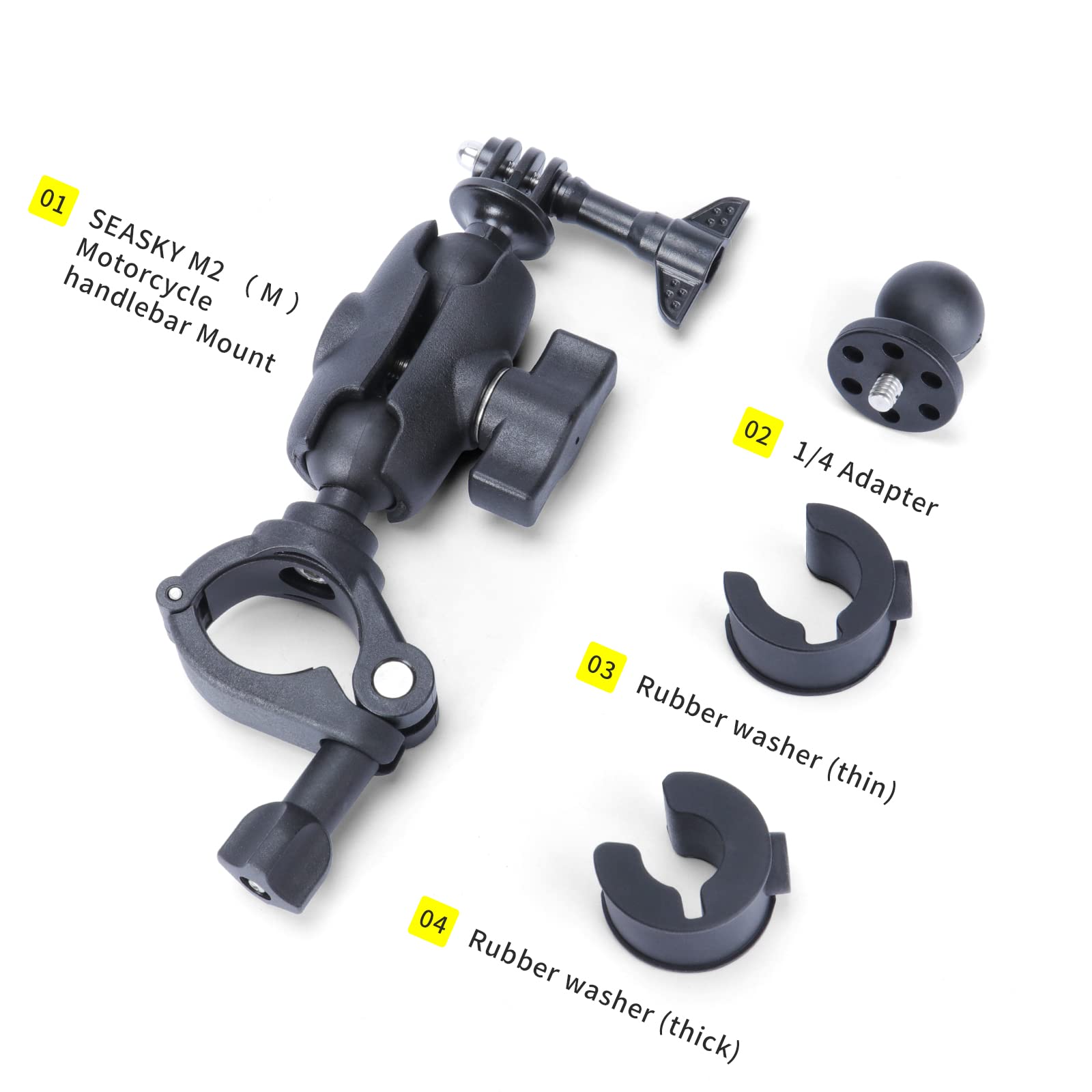 SEASKY M2 Support De Montage Pour Guidon Moto/vélo – Vis 1/4 – Compatible GoPro, DJI, Insta360 – Pour Camera Sportive, ATV, UTV, Rodéo