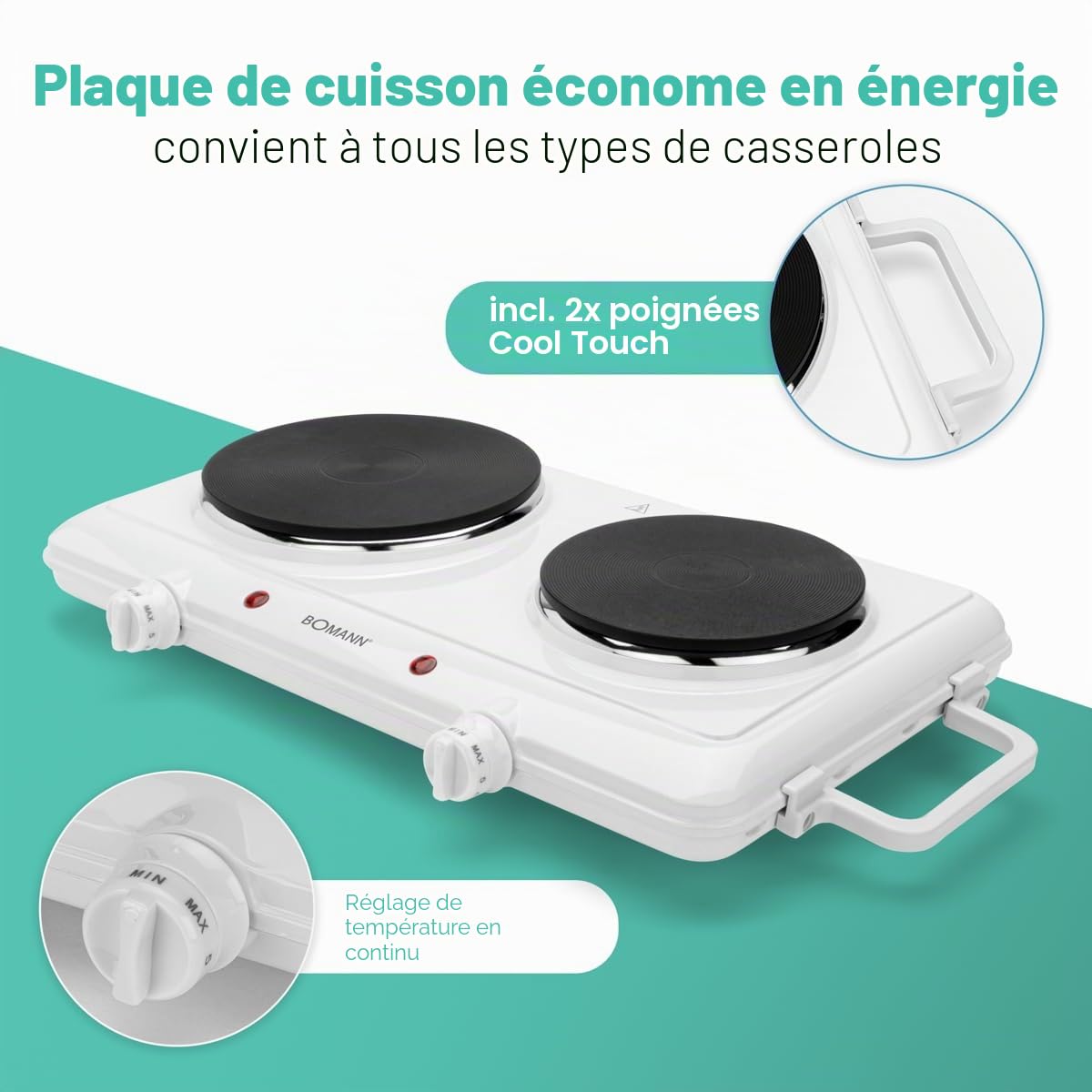 Bomann Double Hob 2500 W DKP 5028 CB, 2 Burners, White | 2 burners, continuously variable thermostats, heat resistant finish, control lights, easy to clean