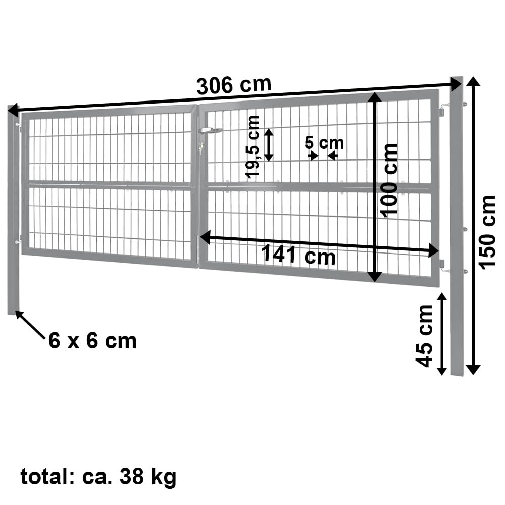 Cancello da giardino 300 x 100 cm, doppia anta in metallo, porta da giardino per asta e recinzione, con serratura, include paletti grigi