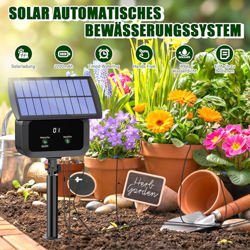 Solar Bewässerungssystem Garten, Automatische Bewässerung für Pflanzen im Urlaub mit Timer und 15M Schlauch, Solar Tropfbewässerung für Garten, Balkon Pflanzen, Kübelpflanzen im Freie