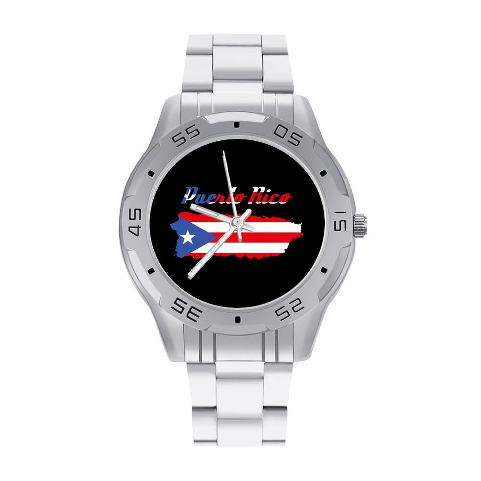 Puerto Rico Flag Map Stainless Steel Band Business Watch Dress Wrist Unique Luxury Work Casual Waterproof Watches