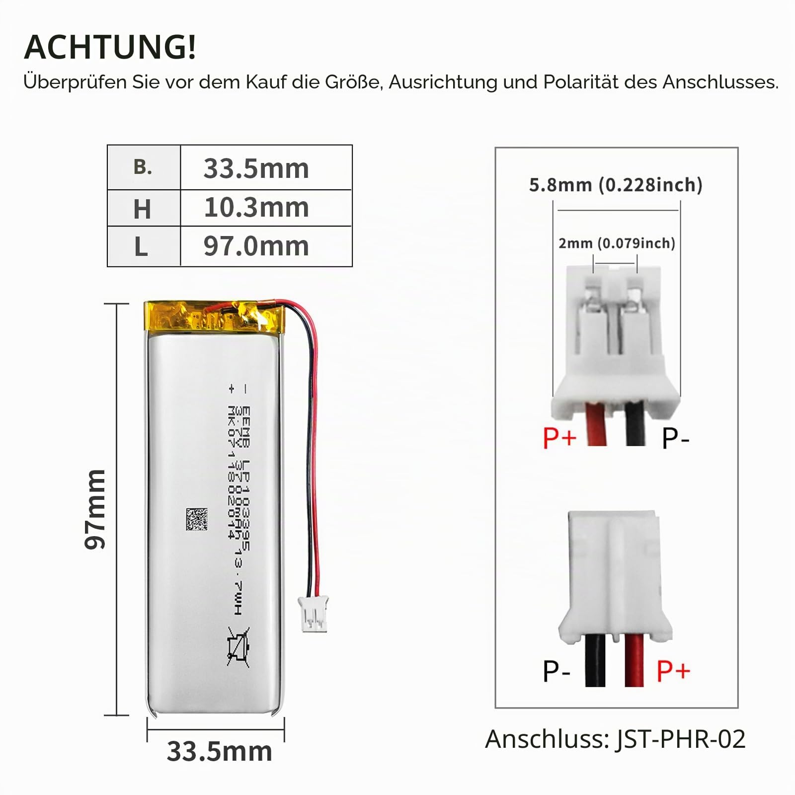 EEMB Lithium Polymer Akku 3,7 V 3700mAh 103395 Wiederaufladbarer Lipo-Akku mit JST 2.0-Anschluss für VXI Blue Parrott – bestätigen Sie die Polarität des Geräts und des Anschlusses vor dem Kauf(10)