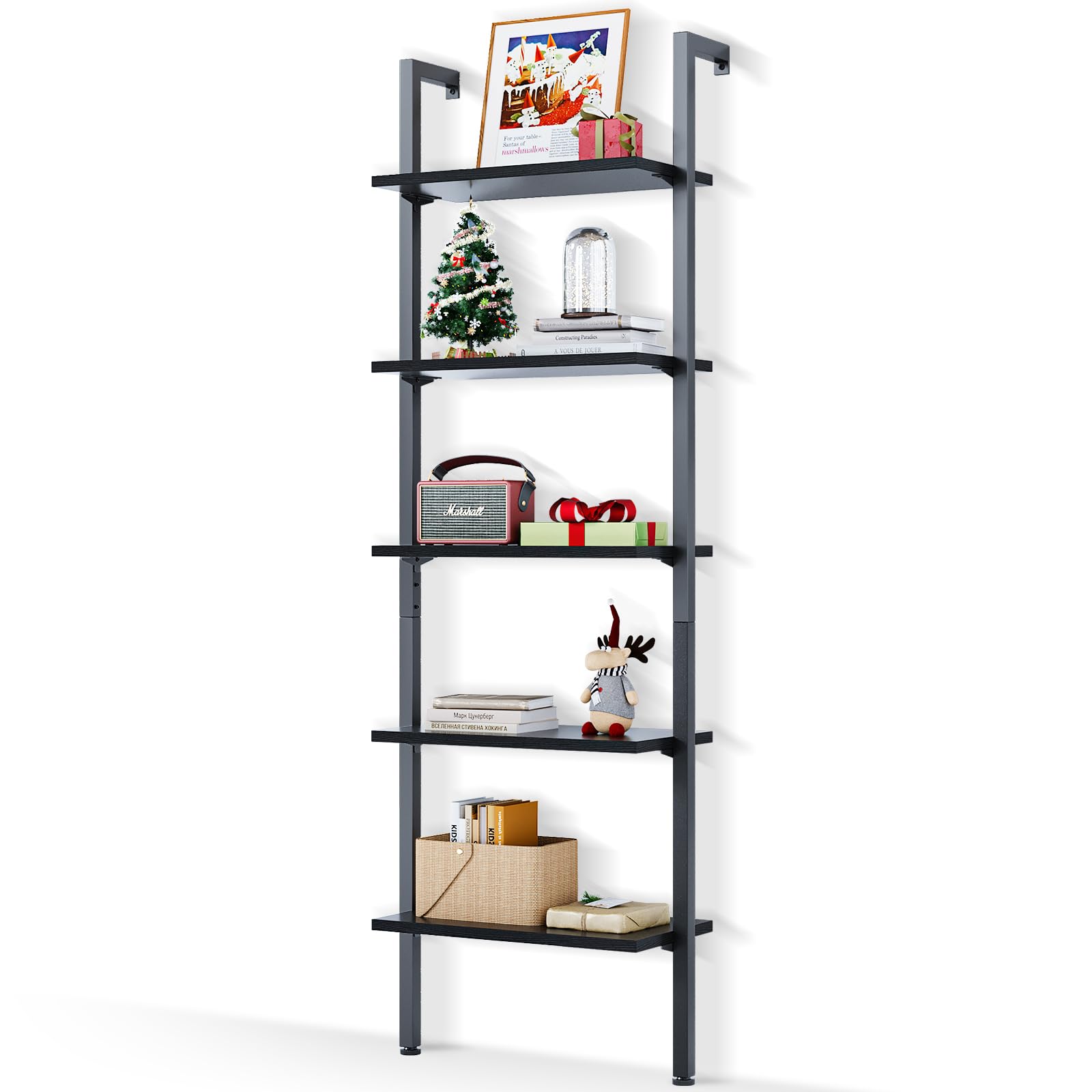 ODK 5-Tier Ladder Shelf, 74 Inches Wall Mounted Ladder Bookshelf with Metal Frame, Open Industrial Shelves for Home Office, Bedroom and Living Room, Black