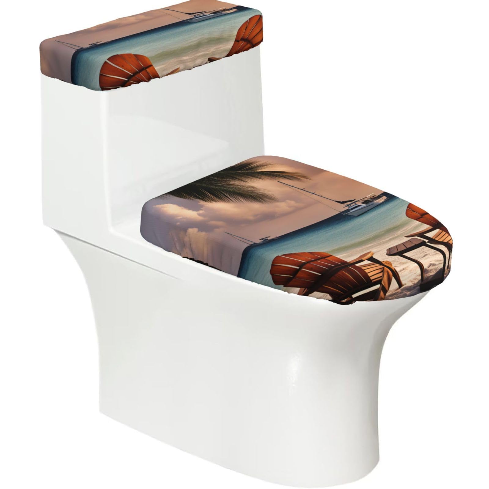 Beach Palm Tree Chairs Boats Print Stretch Toilet Covers Set, Polyester Covers Replacement For Fits Most Size Lids Bathroom Decor