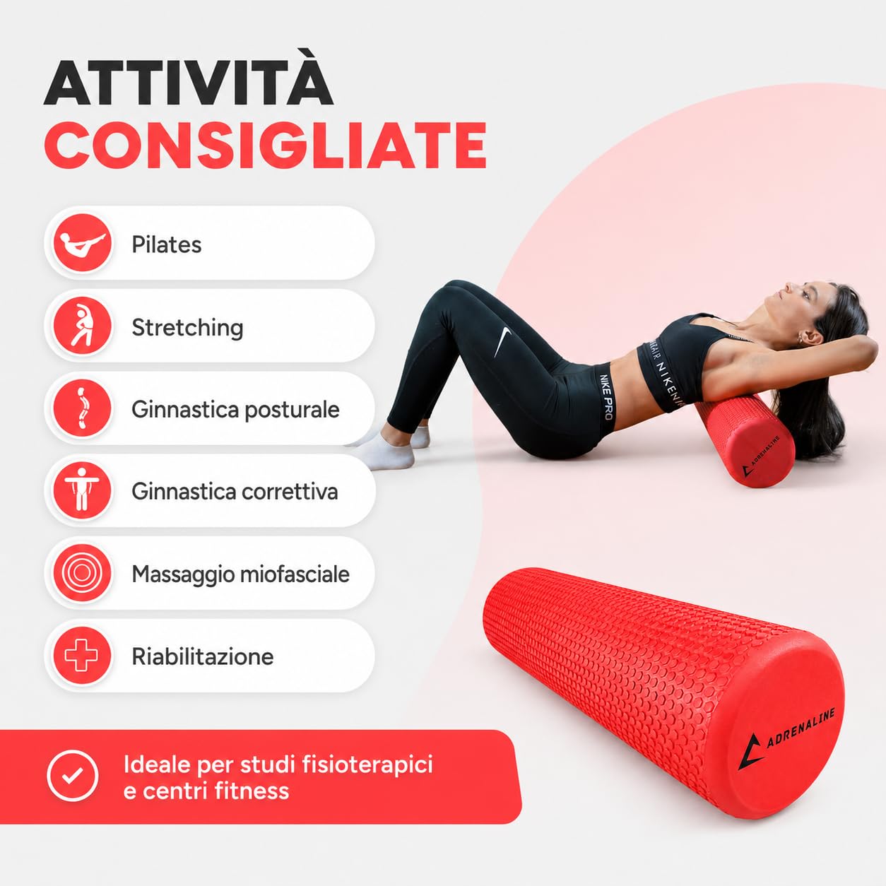 Pilates Roller Professionale Adrenaline 60×16 cm – Foam Roller in EVA ad Alta Densità con Superficie Antiscivolo a Nido d’Ape per Pilates, Stretching, Postura e Massaggio Miofasciale