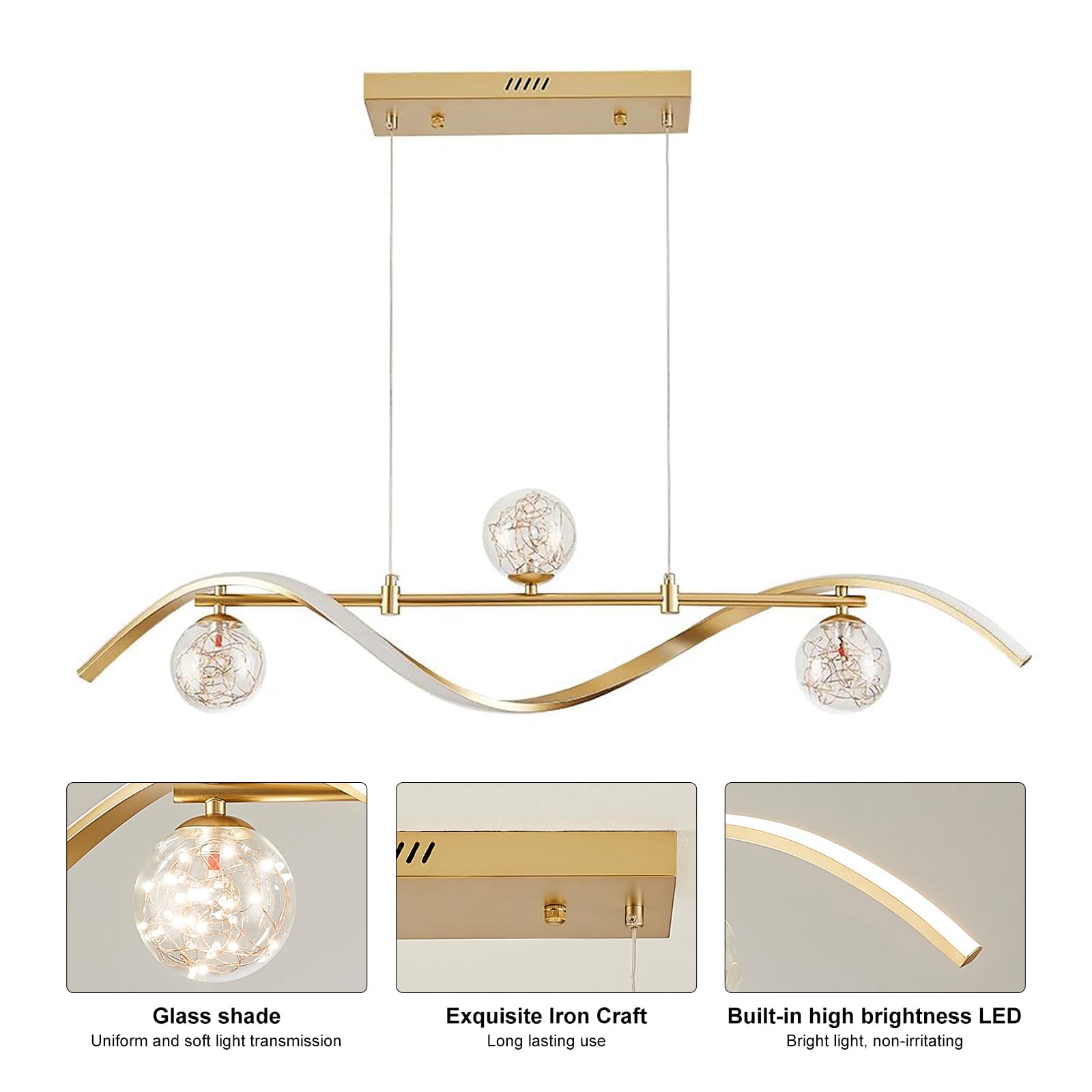 Homary Kücheninselbeleuchtung, lineare Pendelleuchte mit Glaskugelschirmen, dimmbare LED-Hängeleuchte, Gold, 4-flammig