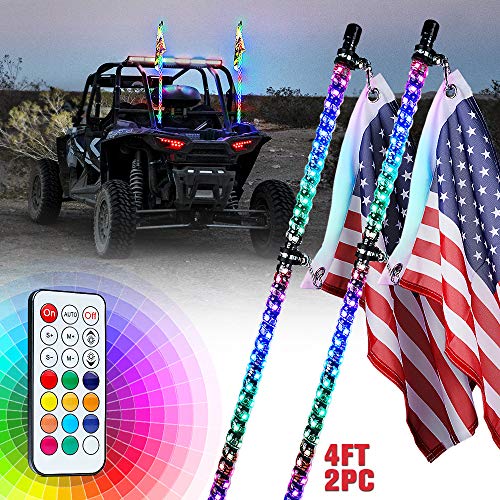 Xprite 4FT(1.2M) Spiral LED Whip Lights RGB Flag Pole with Remote Control for UTV ATV Truck Polaris RZR XP 1000 Can am Maverick X3 Side by Side Quad Dune Buggy - 2PCS