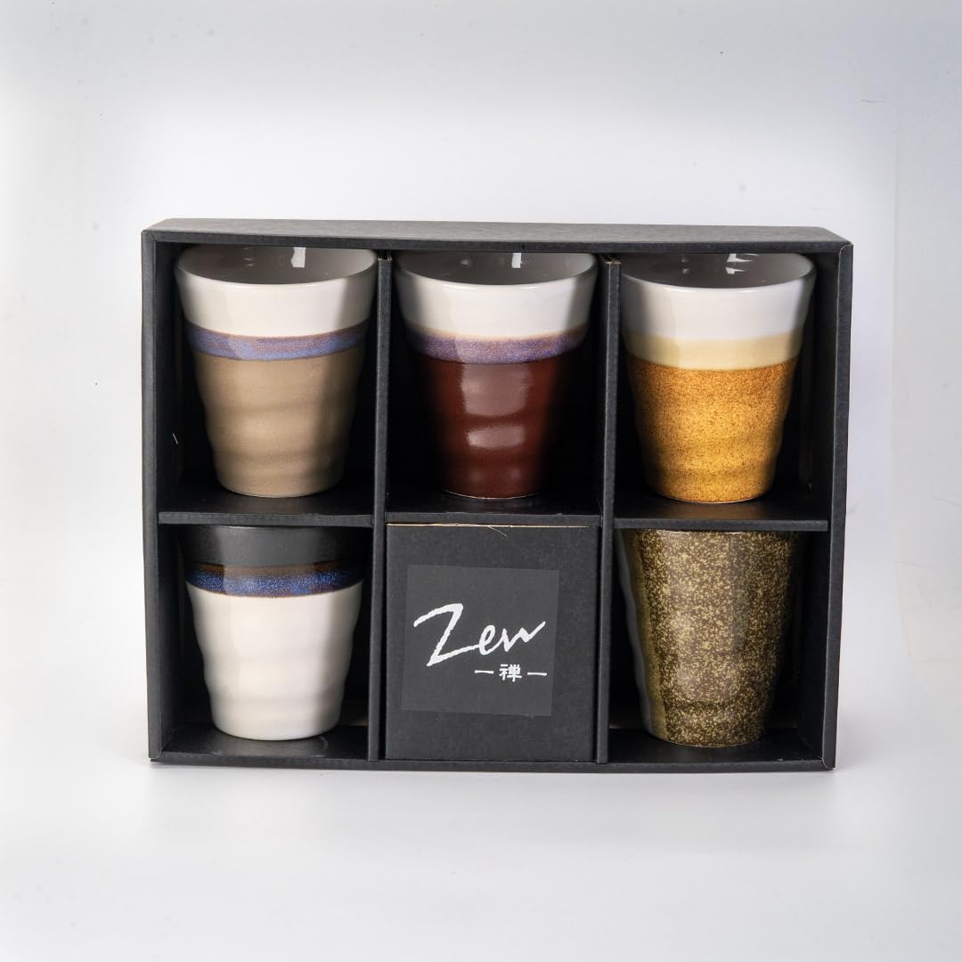 Urban Tokyo Zen Living Japanese Porcelain Tea Cups Set, Assorted Glazed Finish, 10 fl oz, Minoware Ceramic, 5 Piece Gift Set, Microwave and Dishwasher Safe, Made in Japan (Style 43)