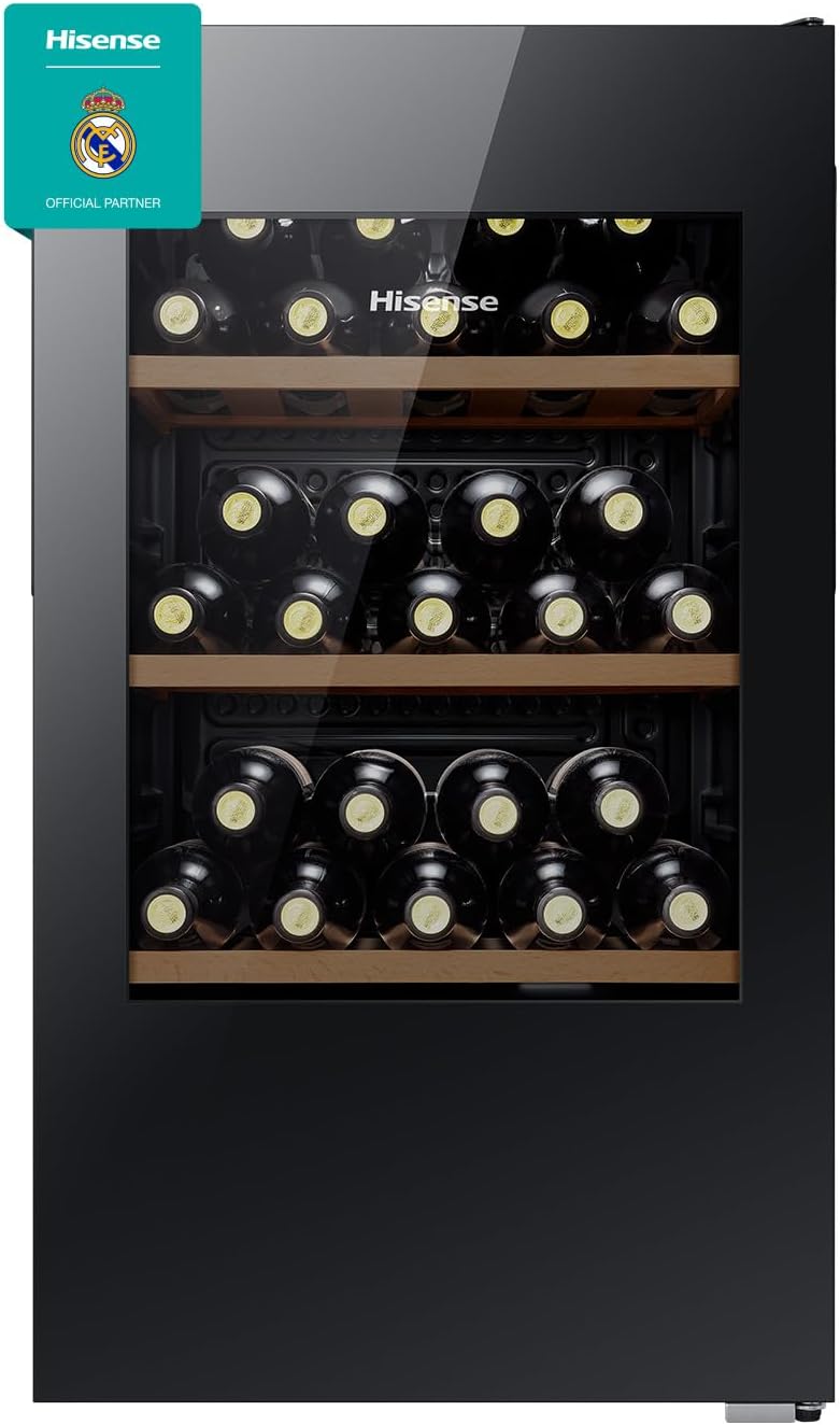 Hisense RW122N4ASU, 34 Bottle Wine Cooler, 122 Litres Single Zone Chiller, Wooden Shelves Reversible Door, Electronic Temperature Control, 1 Year Warranty