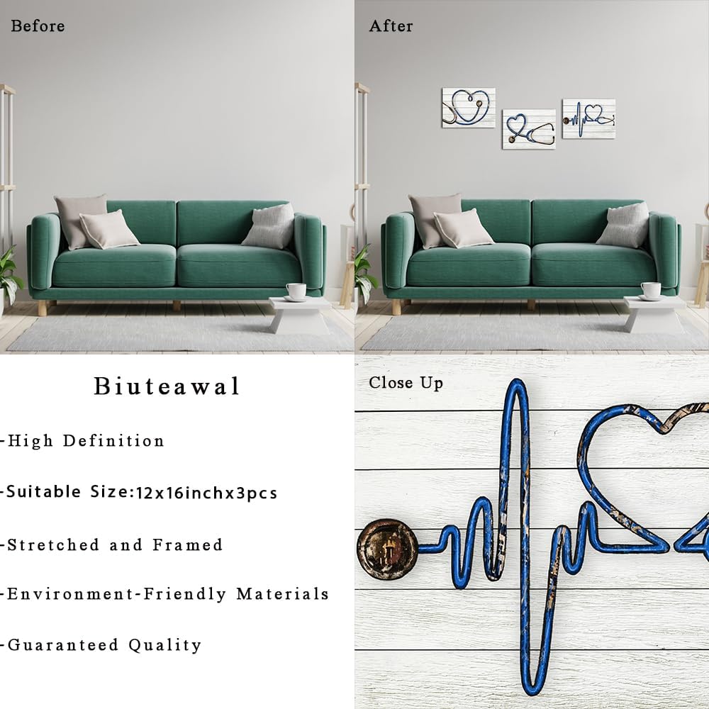 Biuteawal 3 Panels Medical Wall Art Stethoscope Paintings Echometer Instrument Picture Clinic Decor Grey Blue Canvas Print Nurse Day Gift Home Office Decoration Framed Ready to Hang