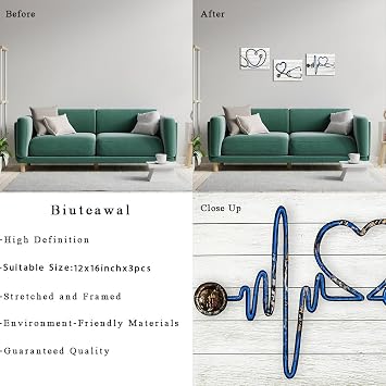 Biuteawal 3 Panels Medical Wall Art Stethoscope Paintings Echometer Instrument Picture Clinic Decor Grey Blue Canvas Print Nurse Day Gift Home Office Decoration Framed Ready to Hang