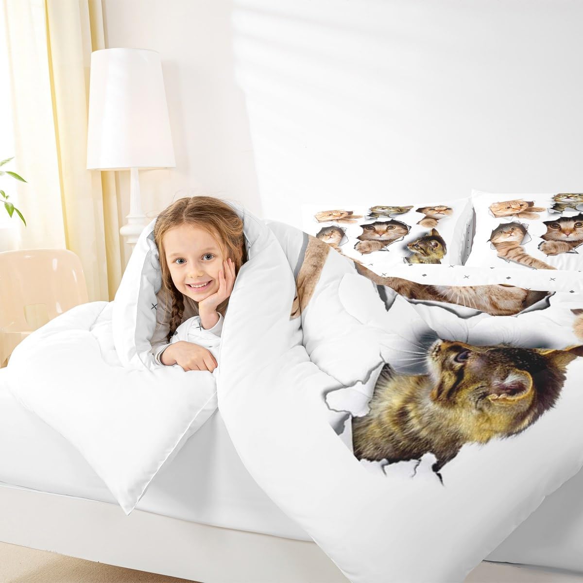 Erosebridal 3D Kitten Bedding Set Toddler Size Kawaii Cats Comforter Set for Kids Men Women Paw Cute Pet Animal White Orange Comforter Warm Soft Quilt Insert