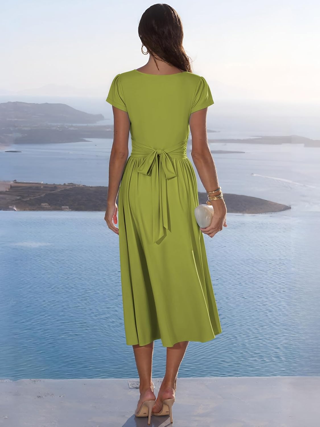 YUNDAI Women's Square Neck Midi Dress with Pocket Short Sleeve Flowy A-Line Tie Back Dress - Image 5