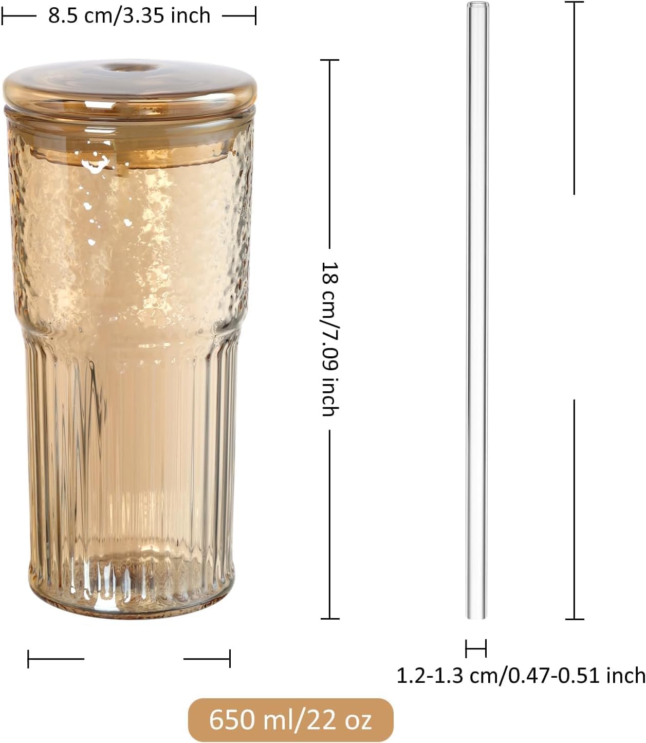 Joeyan 22 oz Amber Glass Tumbler with Straw and Lid for Iced Tea Coffee Smoothie Water Juice Beverages Soda,Ribbed Glasses Cups,Borosilicate Drinking Jar,Set of 2,Dishwasher Safe - Image 6
