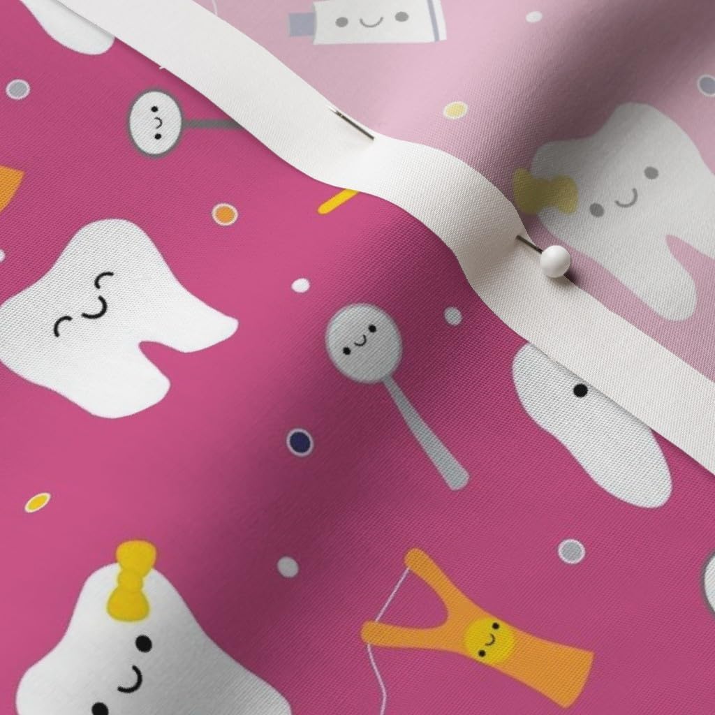 Spoonflower Fabric - Happy Teeth Dark Pink Dentistry Dental Dentist Toothbrush Floss Printed on Cotton Poplin Fabric by The Yard - Sewing Shirting Quilting Dresses Apparel Crafts